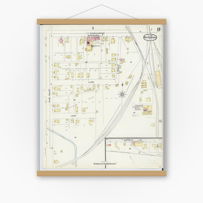 Old map wall art mockup — magnetic wood frame on white wall — Sanborn Fire Insurance Map from Bellefontaine, Logan County, Ohio (1896), Sheet #0009