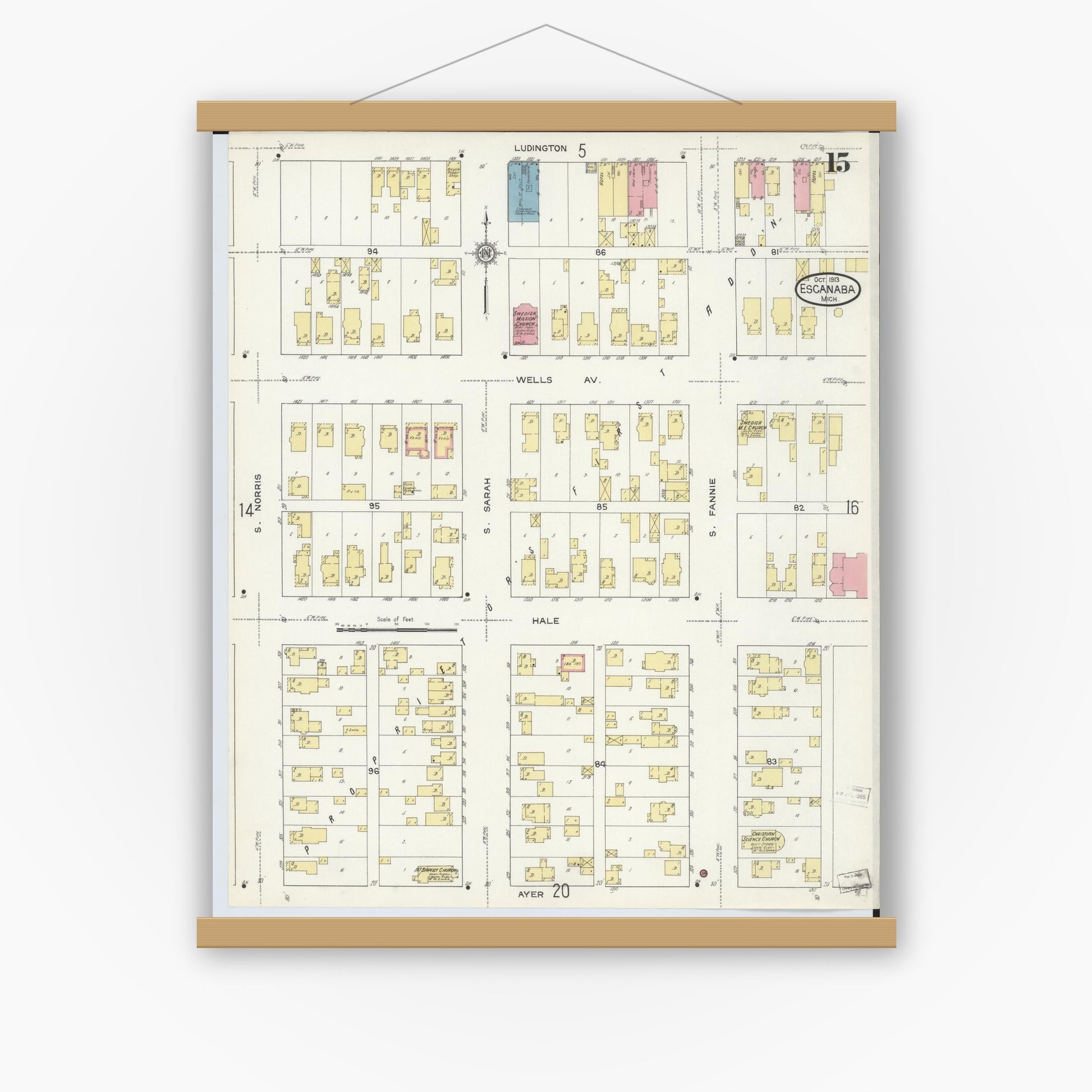 Old map wall art mockup — magnetic wood frame on white wall — Sanborn Fire Insurance Map from Escanaba, Delta County, Michigan (1913), Sheet #0015