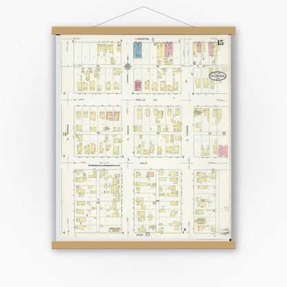 Old map wall art mockup — magnetic wood frame on white wall — Sanborn Fire Insurance Map from Escanaba, Delta County, Michigan (1913), Sheet #0015