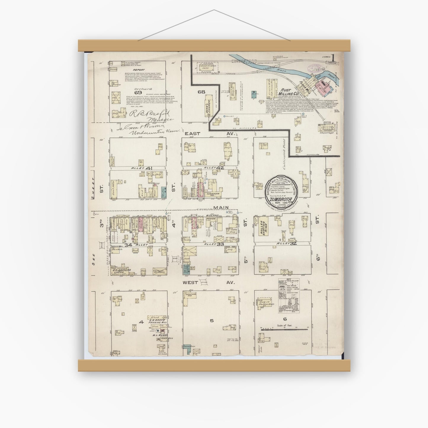 Old map wall art mockup — magnetic wood frame on white wall — Sanborn Fire Insurance Map from Zumbrota, Goodhue County, Minnesota (1885) - Complete Map Set