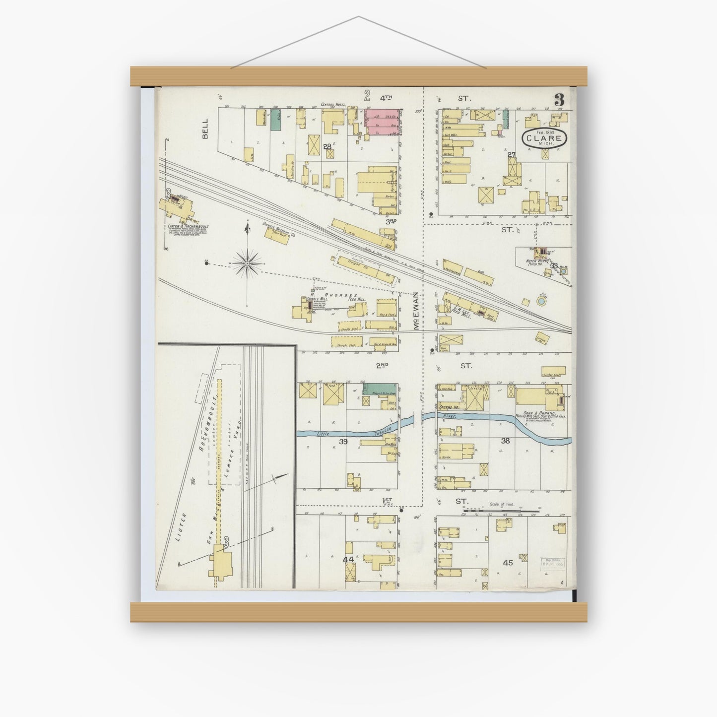 Old map wall art mockup — magnetic wood frame on white wall — Sanborn Fire Insurance Map from Clare, Clare County, Michigan (1894), Sheet #0003