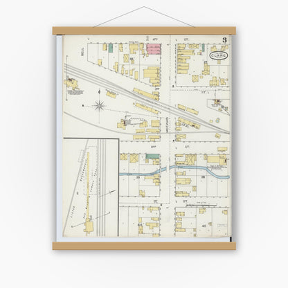 Old map wall art mockup — magnetic wood frame on white wall — Sanborn Fire Insurance Map from Clare, Clare County, Michigan (1894), Sheet #0003