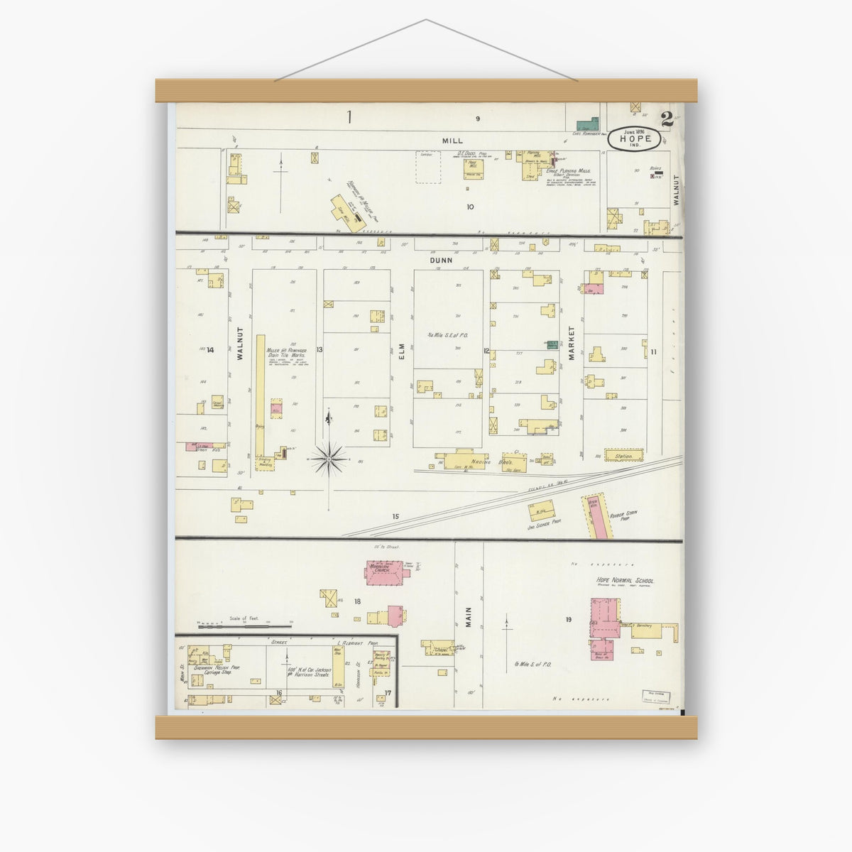 Old map wall art mockup — magnetic wood frame on white wall — Sanborn Fire Insurance Map from Hope, Bartholomew County, Indiana (1896), Sheet #0002