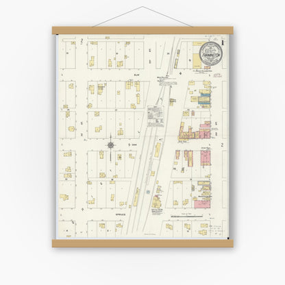 Old map wall art mockup — magnetic wood frame on white wall — Sanborn Fire Insurance Map from Farmington, Dakota County, Minnesota (1910) - Complete Map Set