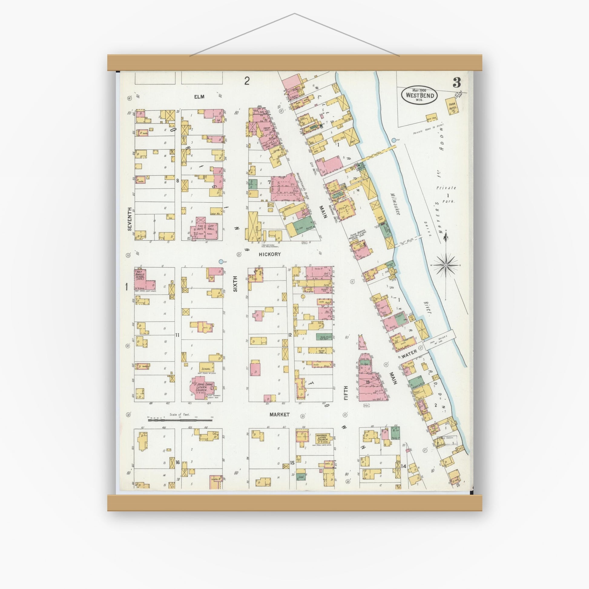 Old map wall art mockup — magnetic wood frame on white wall — Sanborn Fire Insurance Map from West Bend, Washington County, Wisconsin (1900), Sheet #0003