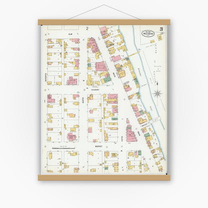 Old map wall art mockup — magnetic wood frame on white wall — Sanborn Fire Insurance Map from West Bend, Washington County, Wisconsin (1900), Sheet #0003