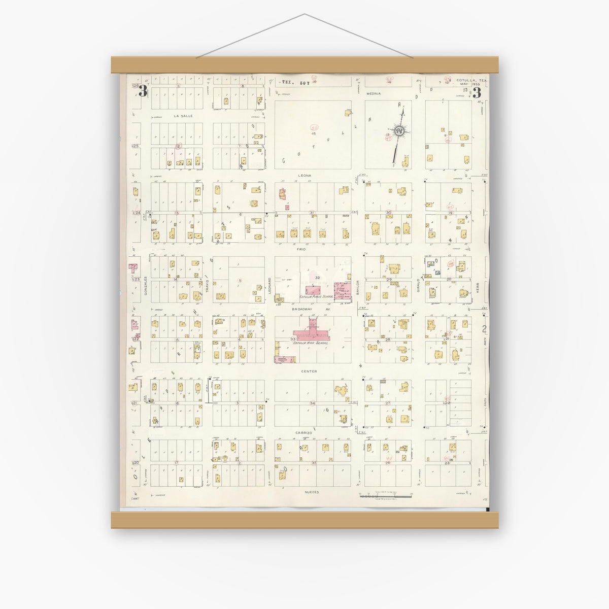 Old map wall art mockup — magnetic wood frame on white wall — Sanborn Fire Insurance Map from Cotulla, La Salle County, Texas (1948), Sheet #0003