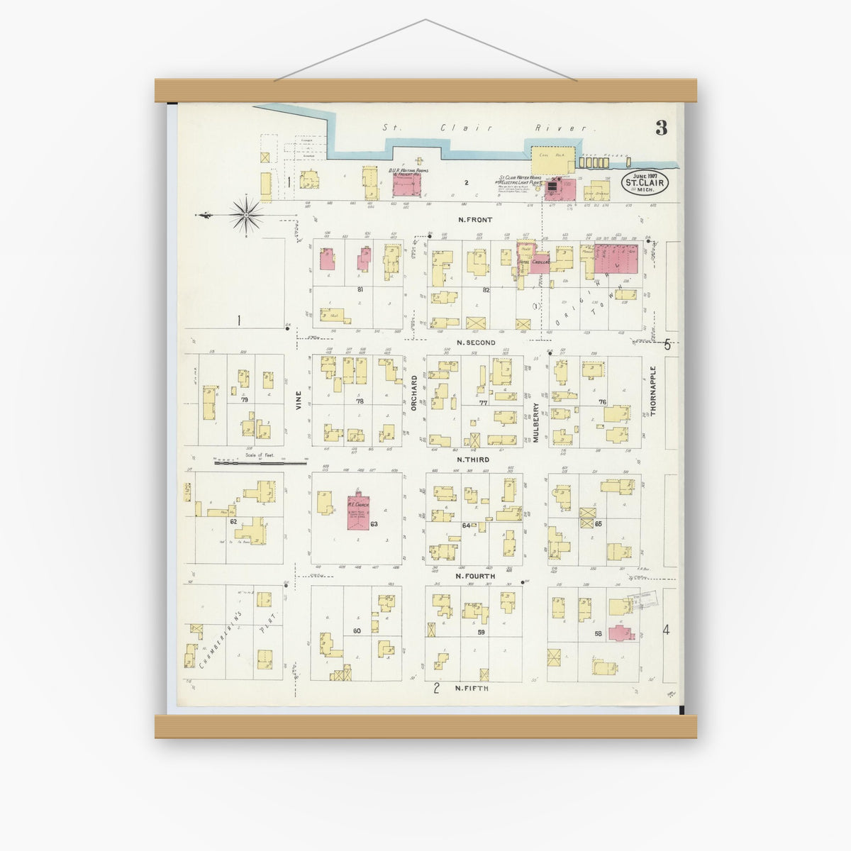 Old map wall art mockup — magnetic wood frame on white wall — Sanborn Fire Insurance Map from Saint Clair, Saint Clair County, Michigan (1907), Sheet #0003