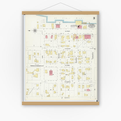 Old map wall art mockup — magnetic wood frame on white wall — Sanborn Fire Insurance Map from Saint Clair, Saint Clair County, Michigan (1907), Sheet #0003