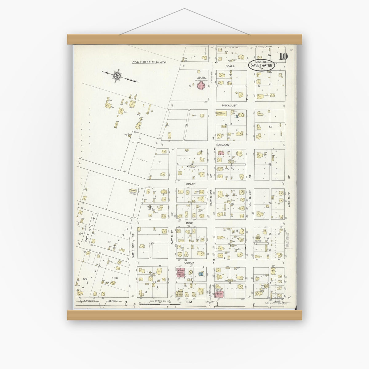 Old map wall art mockup — magnetic wood frame on white wall — Sanborn Fire Insurance Map from Sweetwater, Nolan County, Texas (1914), Sheet #0010