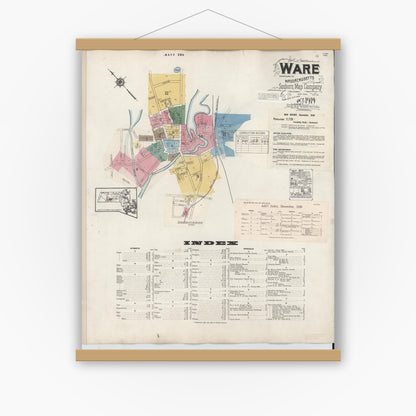 Old map wall art mockup — magnetic wood frame on white wall — Sanborn Fire Insurance Map from Ware, Hampshire County, Massachusetts (1946), Sheet #0001