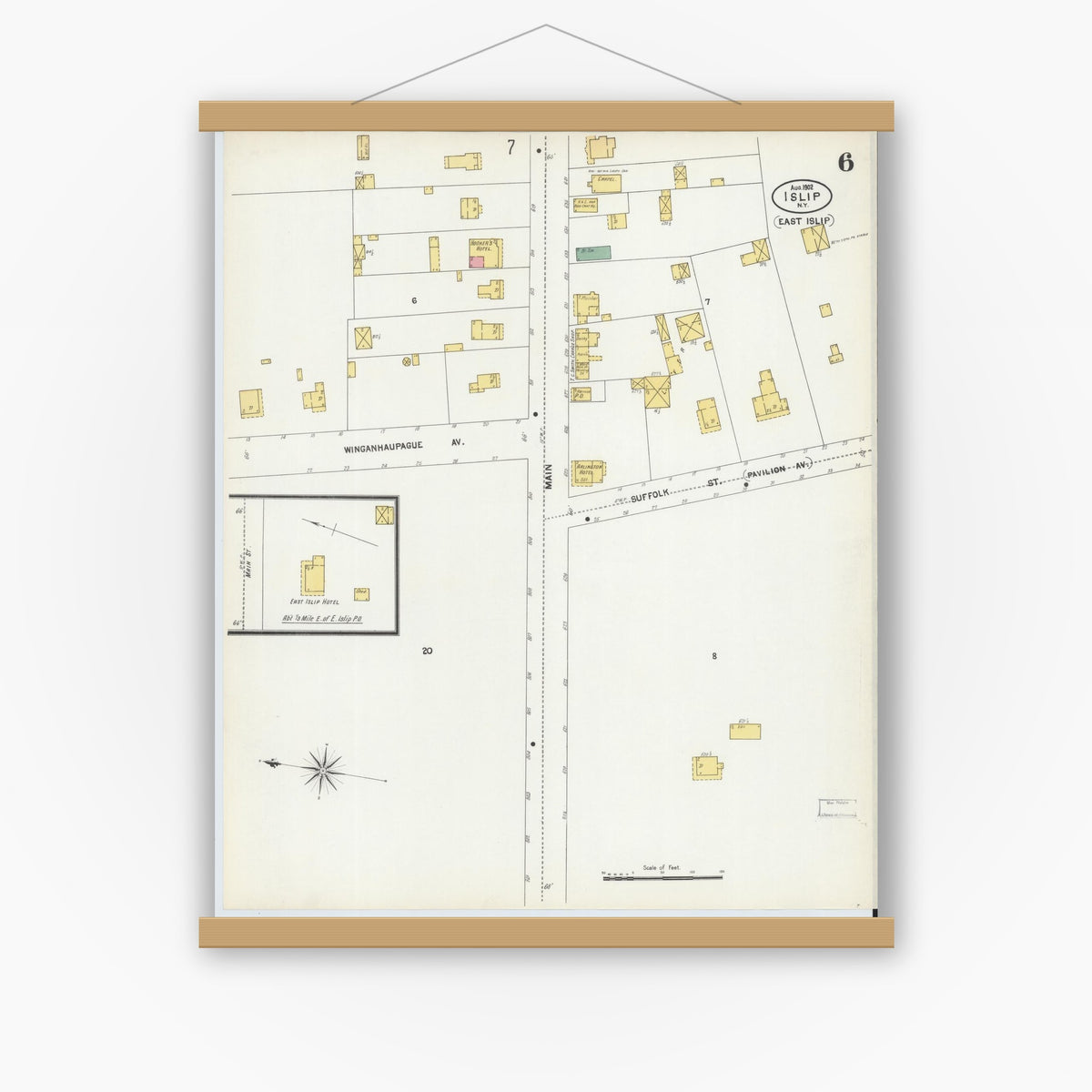 Old map wall art mockup — magnetic wood frame on white wall — Sanborn Fire Insurance Map from Islip, Suffolk County, New York (1902), Sheet #0006