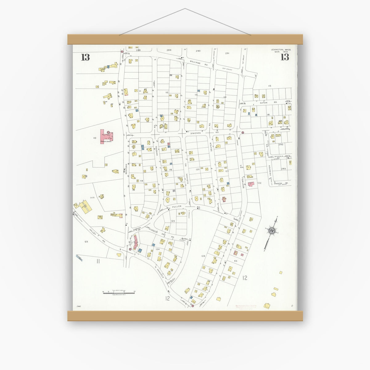 Old map wall art mockup — magnetic wood frame on white wall — Sanborn Fire Insurance Map from Lexington, Middlesex County, Massachusetts (1935), Sheet #0013