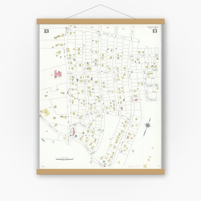 Old map wall art mockup — magnetic wood frame on white wall — Sanborn Fire Insurance Map from Lexington, Middlesex County, Massachusetts (1935), Sheet #0013