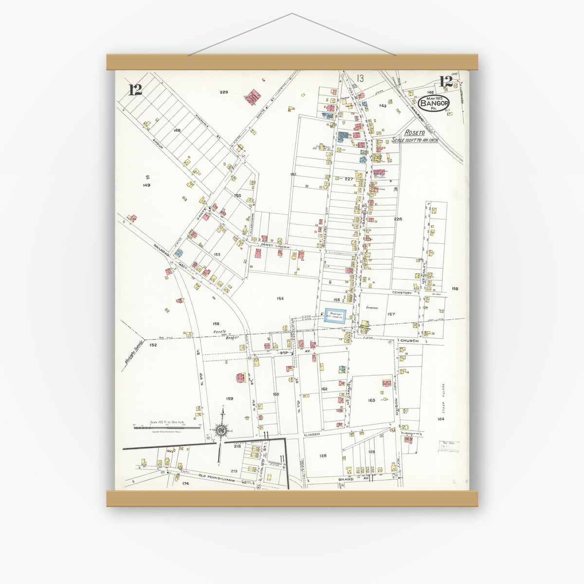 Old map wall art mockup — magnetic wood frame on white wall — Sanborn Fire Insurance Map from Bangor, Northampton County, Pennsylvania (1923), Sheet #0012