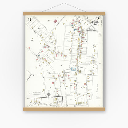 Old map wall art mockup — magnetic wood frame on white wall — Sanborn Fire Insurance Map from Bangor, Northampton County, Pennsylvania (1923), Sheet #0012
