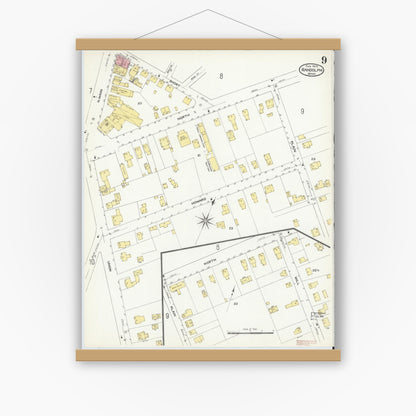 Old map wall art mockup — magnetic wood frame on white wall — Sanborn Fire Insurance Map from Randolph, Norfolk County, Massachusetts (1909), Sheet #0009