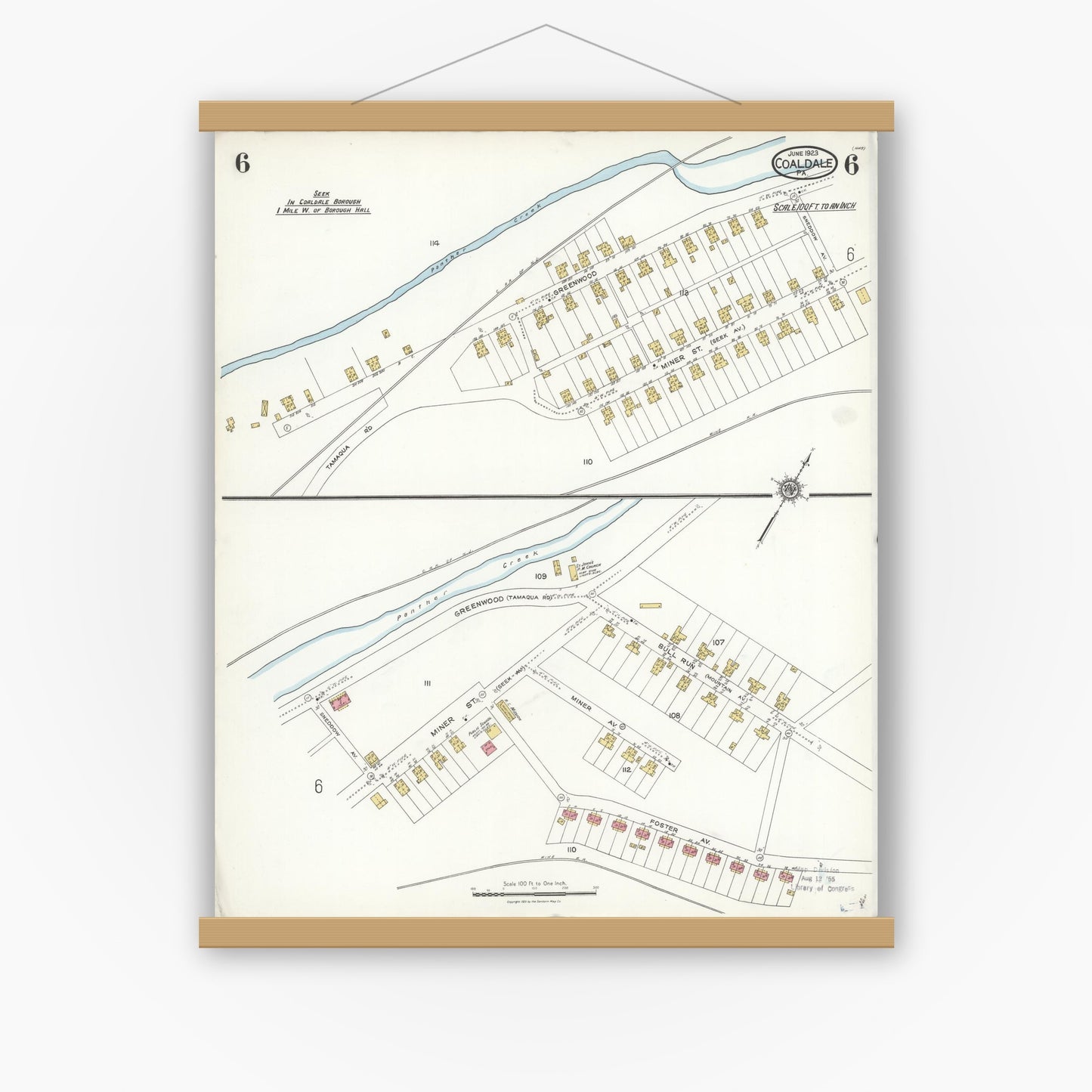 Old map wall art mockup — magnetic wood frame on white wall — Sanborn Fire Insurance Map from Coaldale, Schuylkill County, Pennsylvania (1923), Sheet #0006