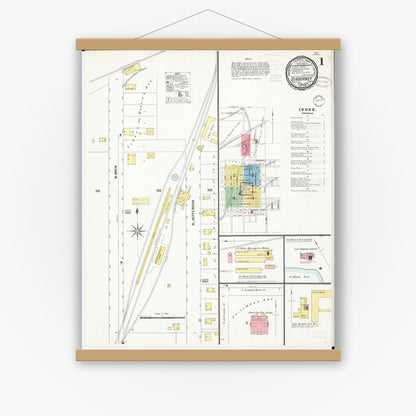 Old map wall art mockup — magnetic wood frame on white wall — Sanborn Fire Insurance Map from Sigourney, Kiokuk County, Iowa (1899) â€” Complete Set
