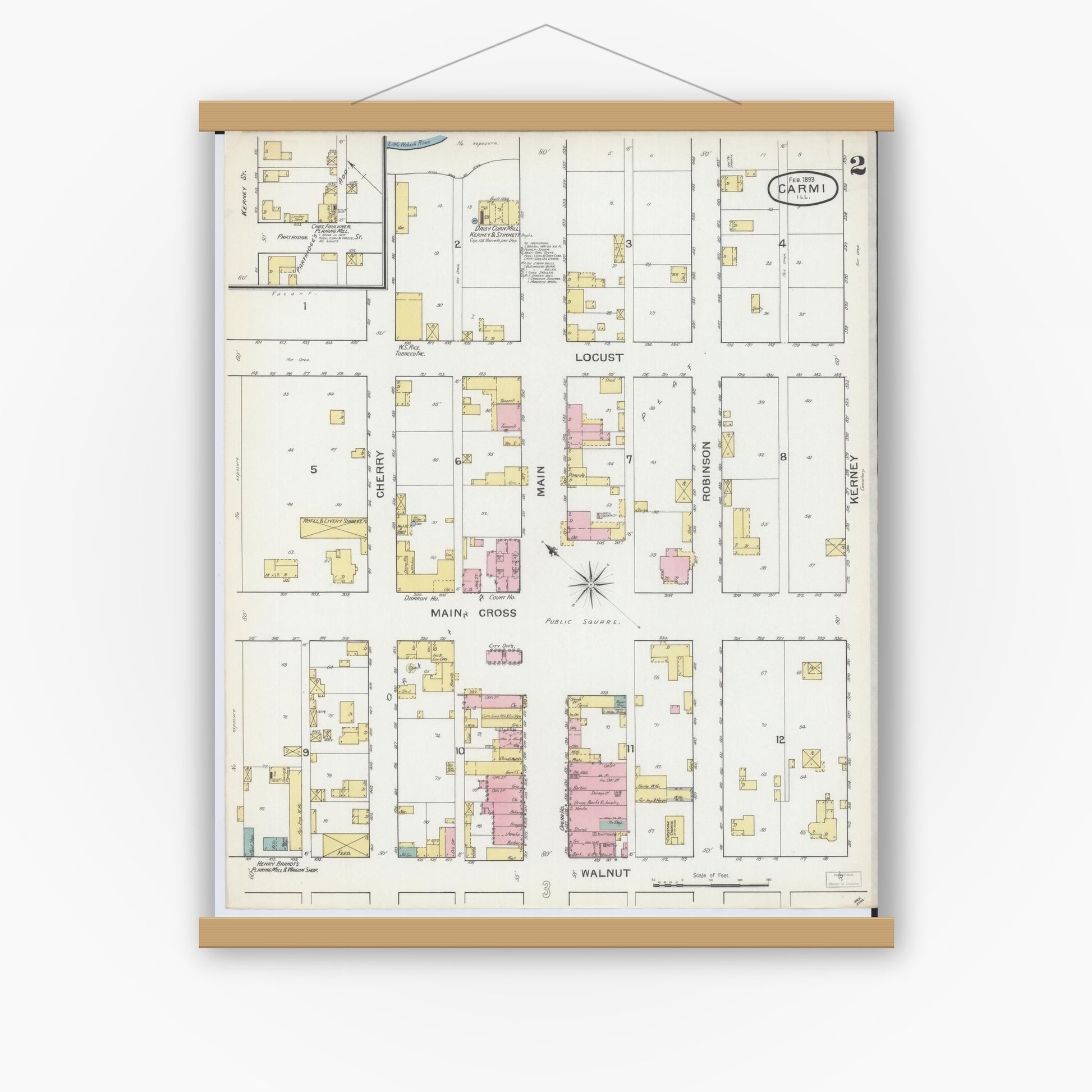 Old map wall art mockup — magnetic wood frame on white wall — Sanborn Fire Insurance Map from Carmi, White County, Illinois (1893), Sheet #0002