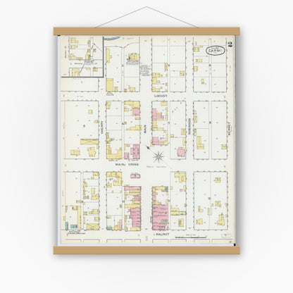 Old map wall art mockup — magnetic wood frame on white wall — Sanborn Fire Insurance Map from Carmi, White County, Illinois (1893), Sheet #0002