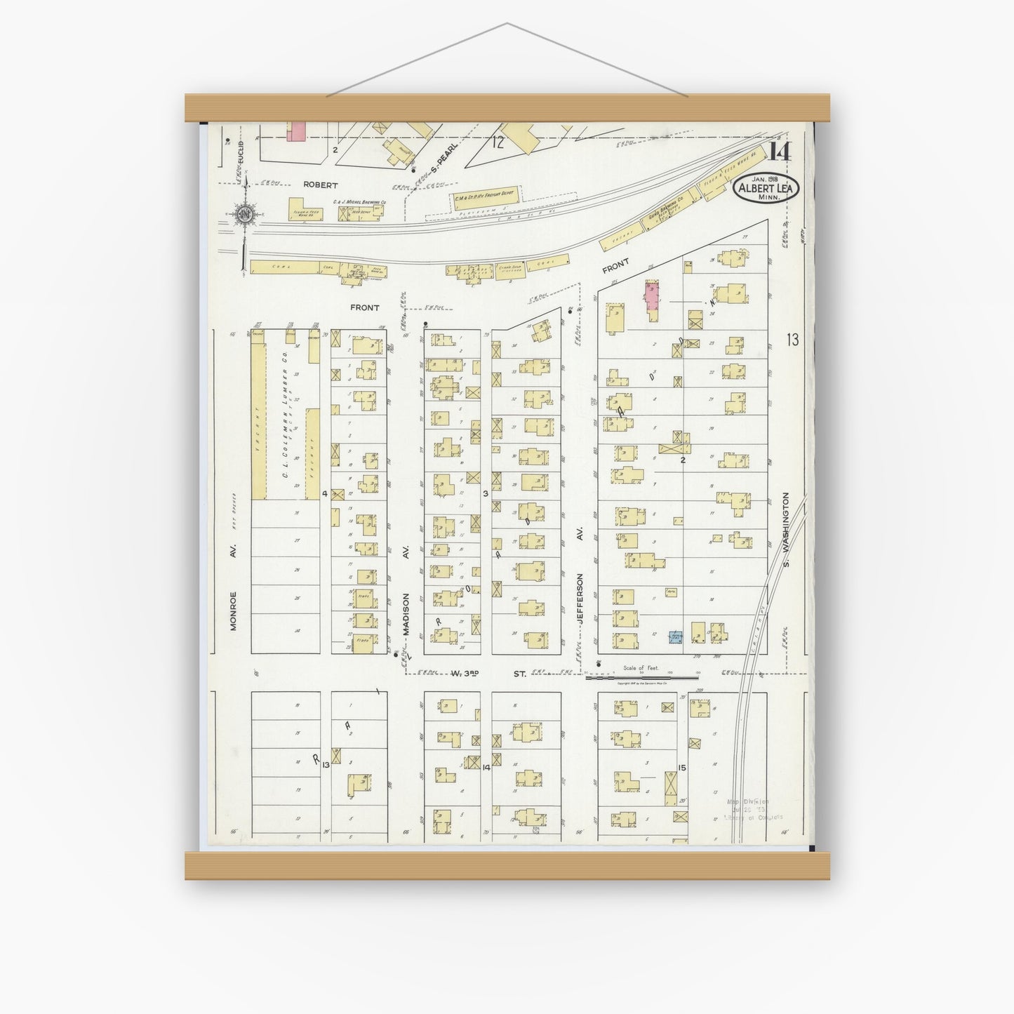 Old map wall art mockup — magnetic wood frame on white wall — Sanborn Fire Insurance Map from Albert Lea, Freeborn County, Minnesota (1918), Sheet #0014