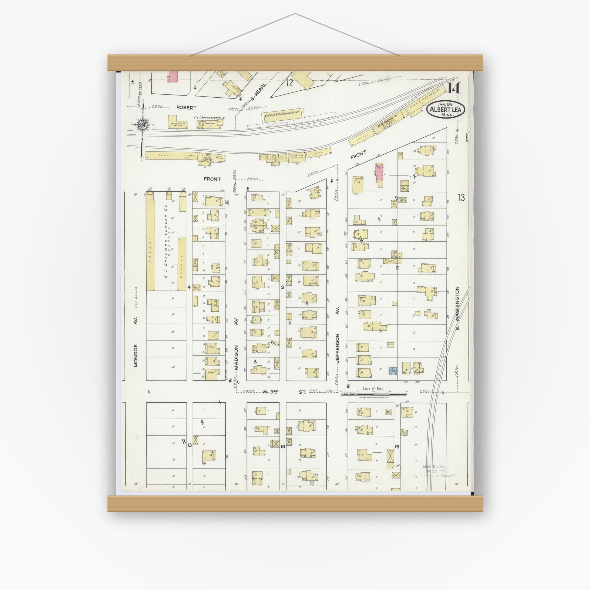 Old map wall art mockup — magnetic wood frame on white wall — Sanborn Fire Insurance Map from Albert Lea, Freeborn County, Minnesota (1918), Sheet #0014