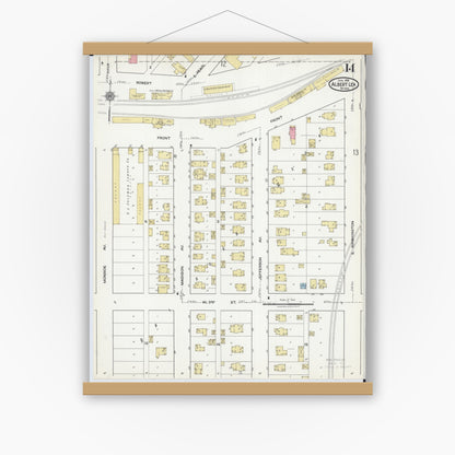 Old map wall art mockup — magnetic wood frame on white wall — Sanborn Fire Insurance Map from Albert Lea, Freeborn County, Minnesota (1918), Sheet #0014