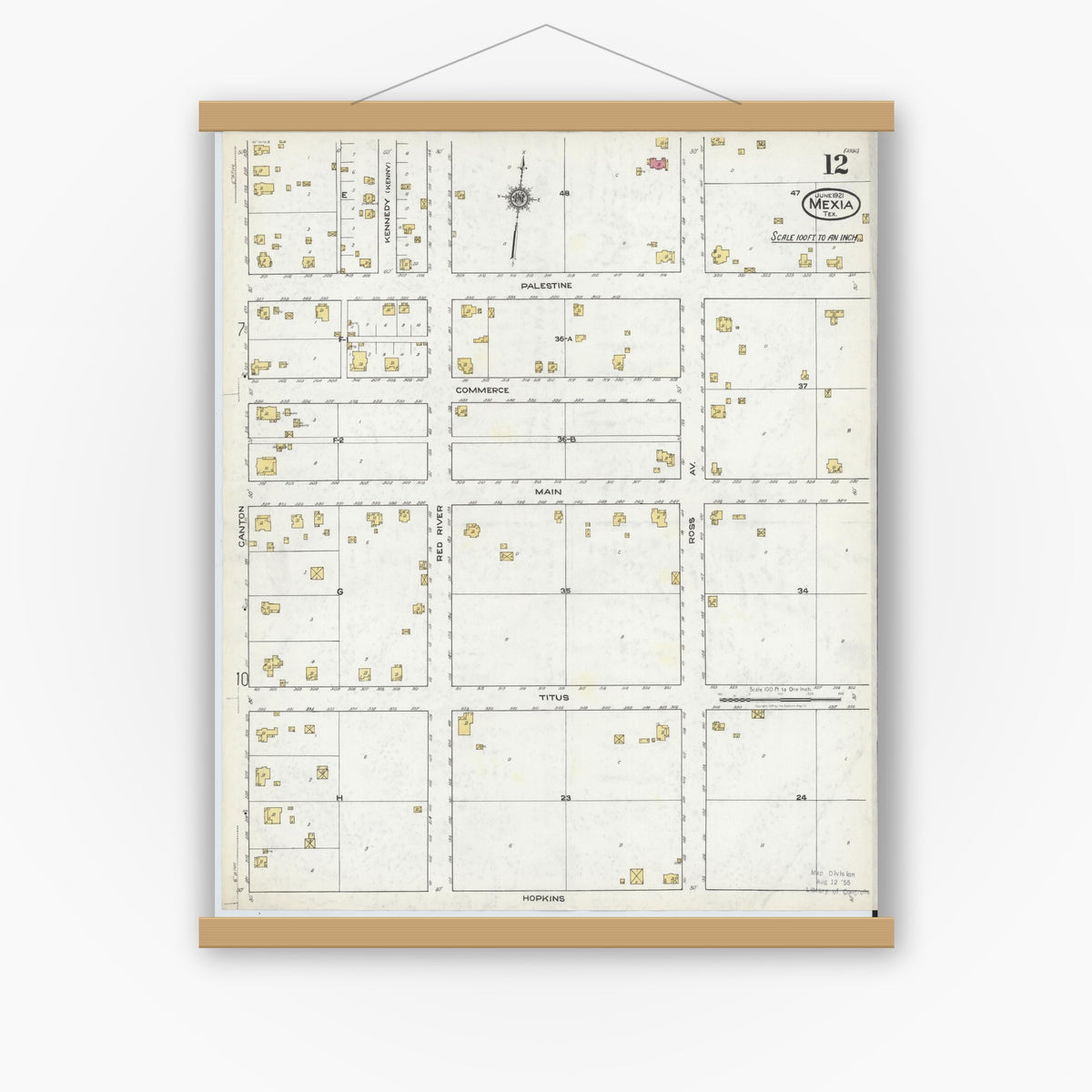 Old map wall art mockup — magnetic wood frame on white wall — Sanborn Fire Insurance Map from Mexia, Limestone County, Texas (1921), Sheet #0012
