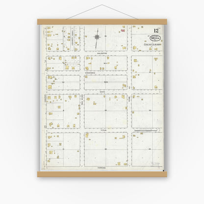 Old map wall art mockup — magnetic wood frame on white wall — Sanborn Fire Insurance Map from Mexia, Limestone County, Texas (1921), Sheet #0012