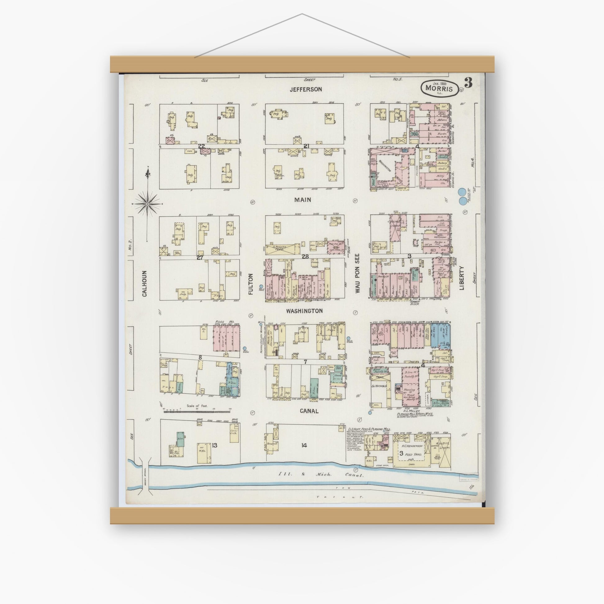 Old map wall art mockup — magnetic wood frame on white wall — Sanborn Fire Insurance Map from Morris, Grundy County, Illinois (1889), Sheet #0003
