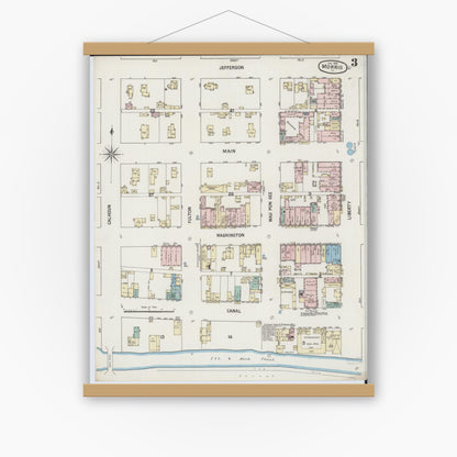 Old map wall art mockup — magnetic wood frame on white wall — Sanborn Fire Insurance Map from Morris, Grundy County, Illinois (1889), Sheet #0003