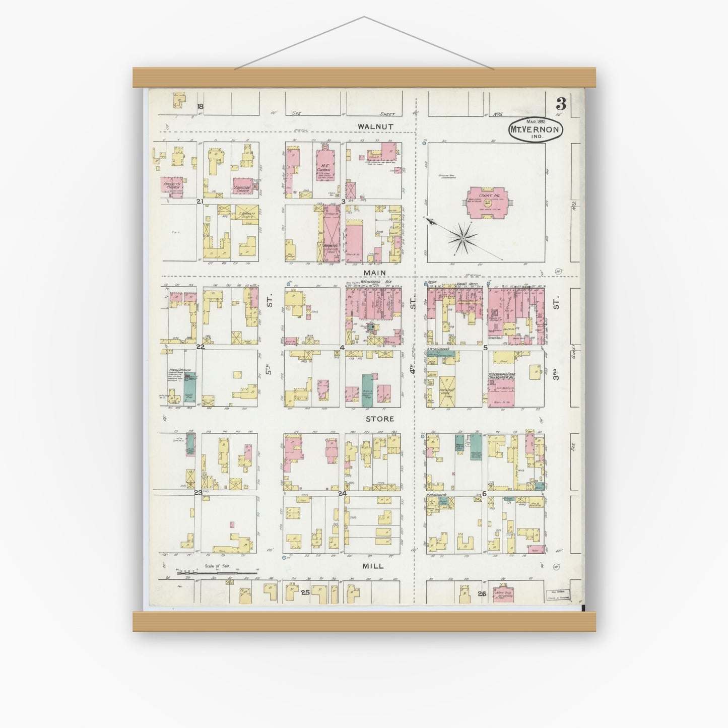 Old map wall art mockup — magnetic wood frame on white wall — Sanborn Fire Insurance Map from Mount Vernon, Posey County, Indiana (1892), Sheet #0003