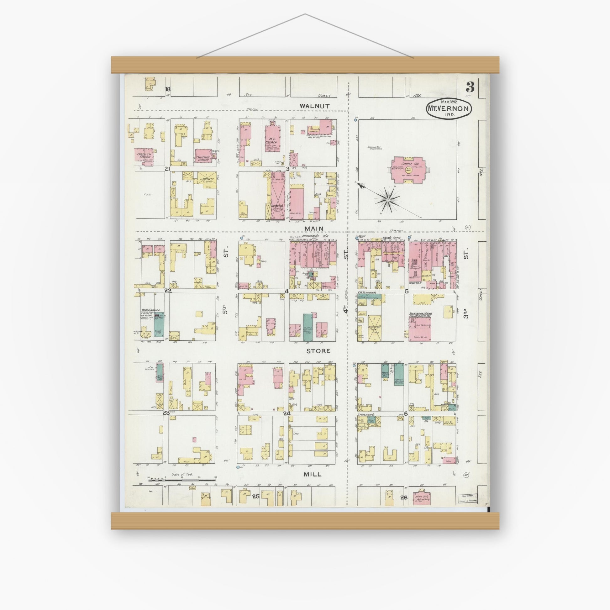Old map wall art mockup — magnetic wood frame on white wall — Sanborn Fire Insurance Map from Mount Vernon, Posey County, Indiana (1892), Sheet #0003