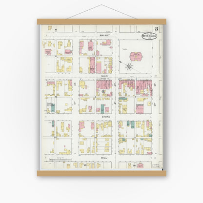Old map wall art mockup — magnetic wood frame on white wall — Sanborn Fire Insurance Map from Mount Vernon, Posey County, Indiana (1892), Sheet #0003
