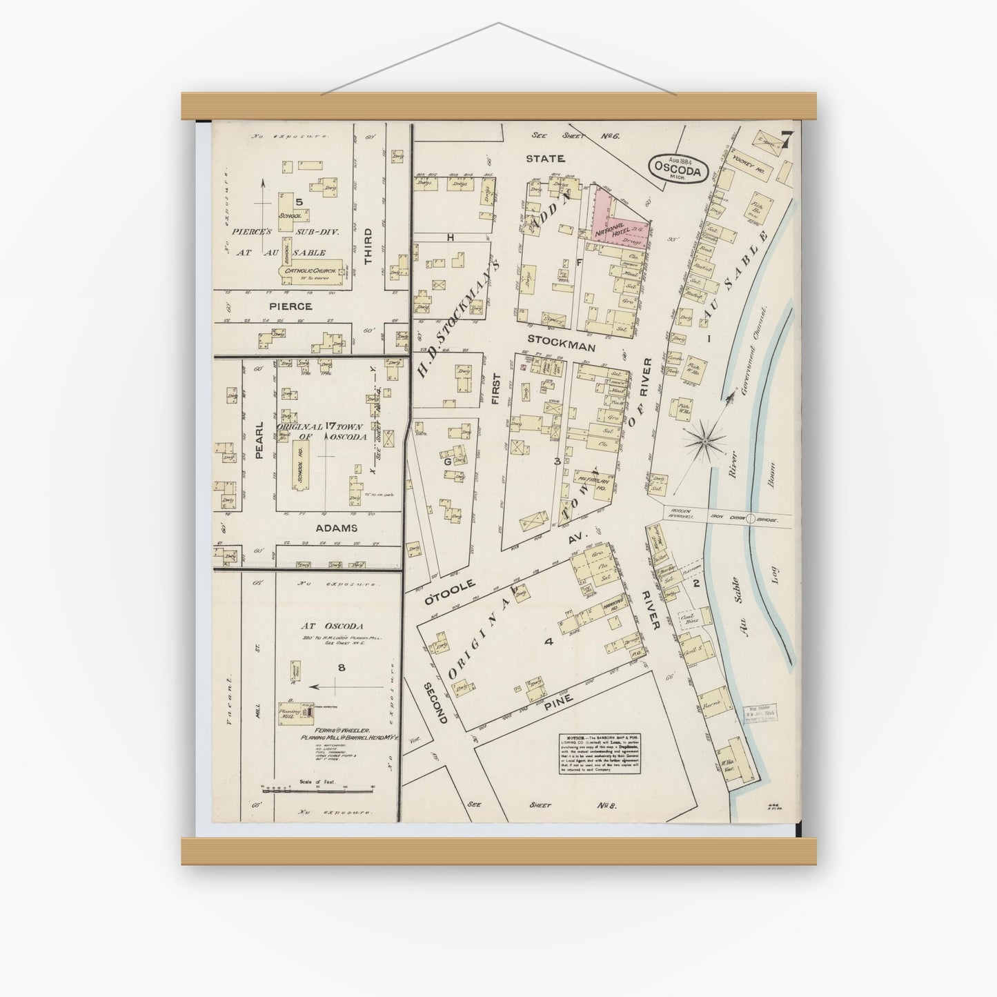 Old map wall art mockup — magnetic wood frame on white wall — Sanborn Fire Insurance Map from Oscoda, Iosco County, Michigan (1884), Sheet #0007