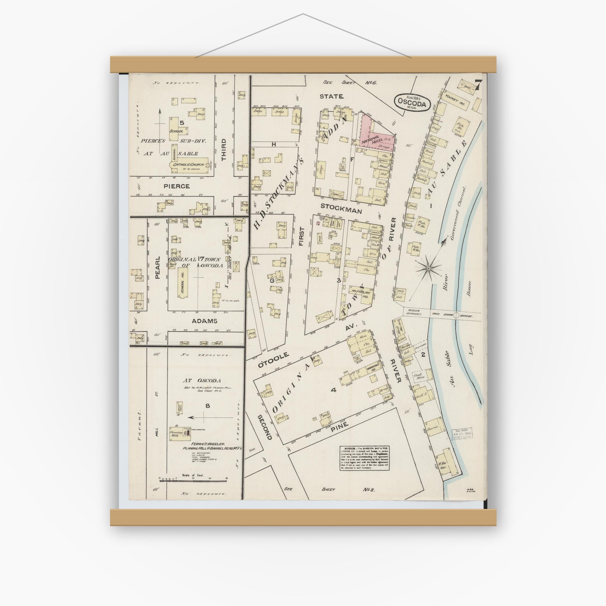 Old map wall art mockup — magnetic wood frame on white wall — Sanborn Fire Insurance Map from Oscoda, Iosco County, Michigan (1884), Sheet #0007