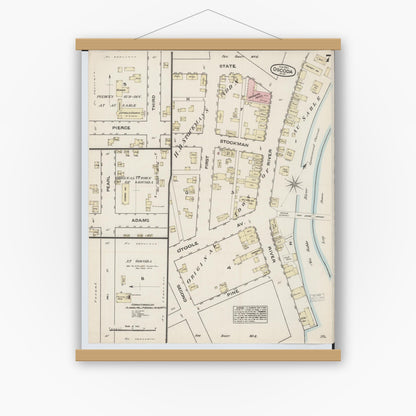 Old map wall art mockup — magnetic wood frame on white wall — Sanborn Fire Insurance Map from Oscoda, Iosco County, Michigan (1884), Sheet #0007