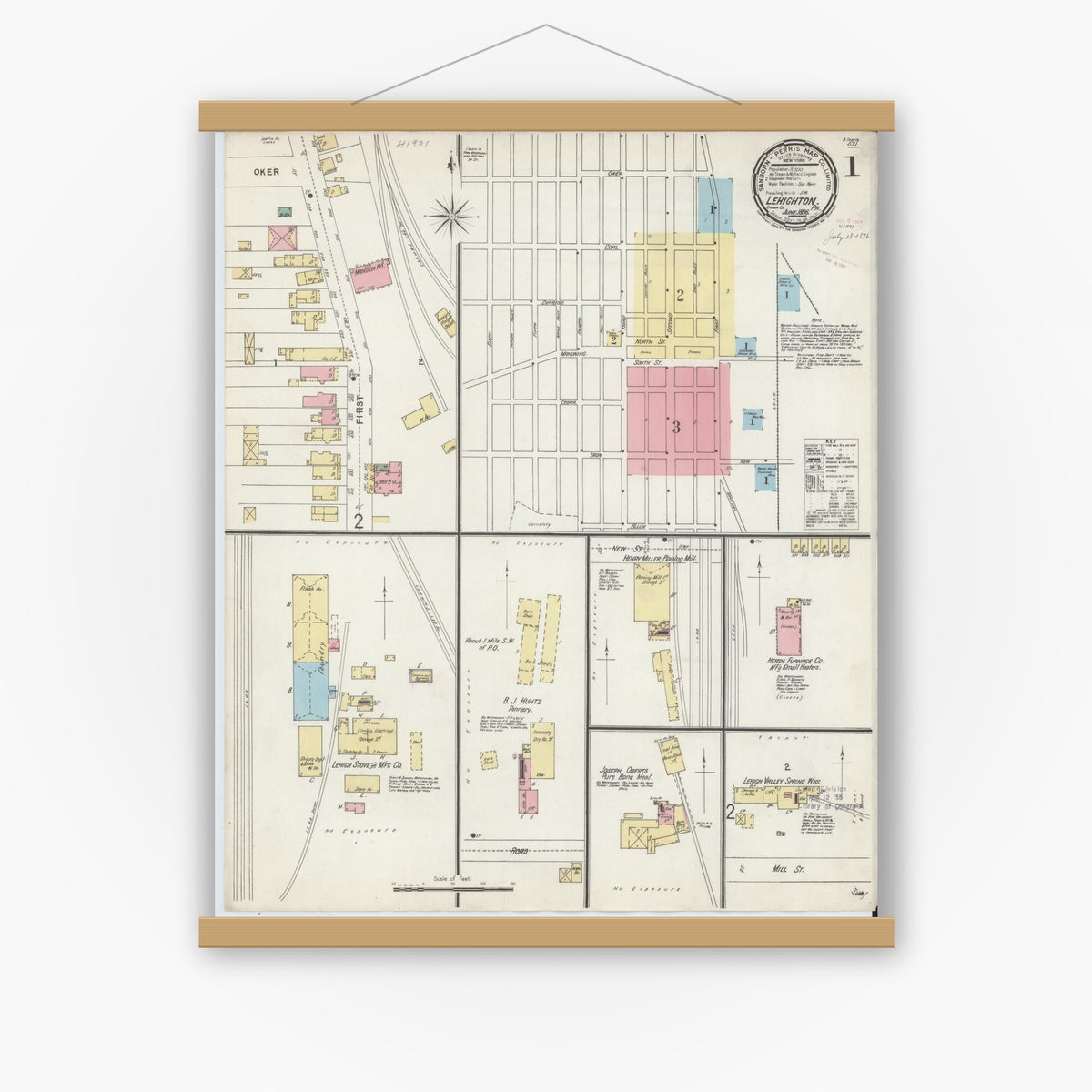 Old map wall art mockup — magnetic wood frame on white wall — Sanborn Fire Insurance Map from Lehighton, Carbon County, Pennsylvania (1896) - Complete Map Set