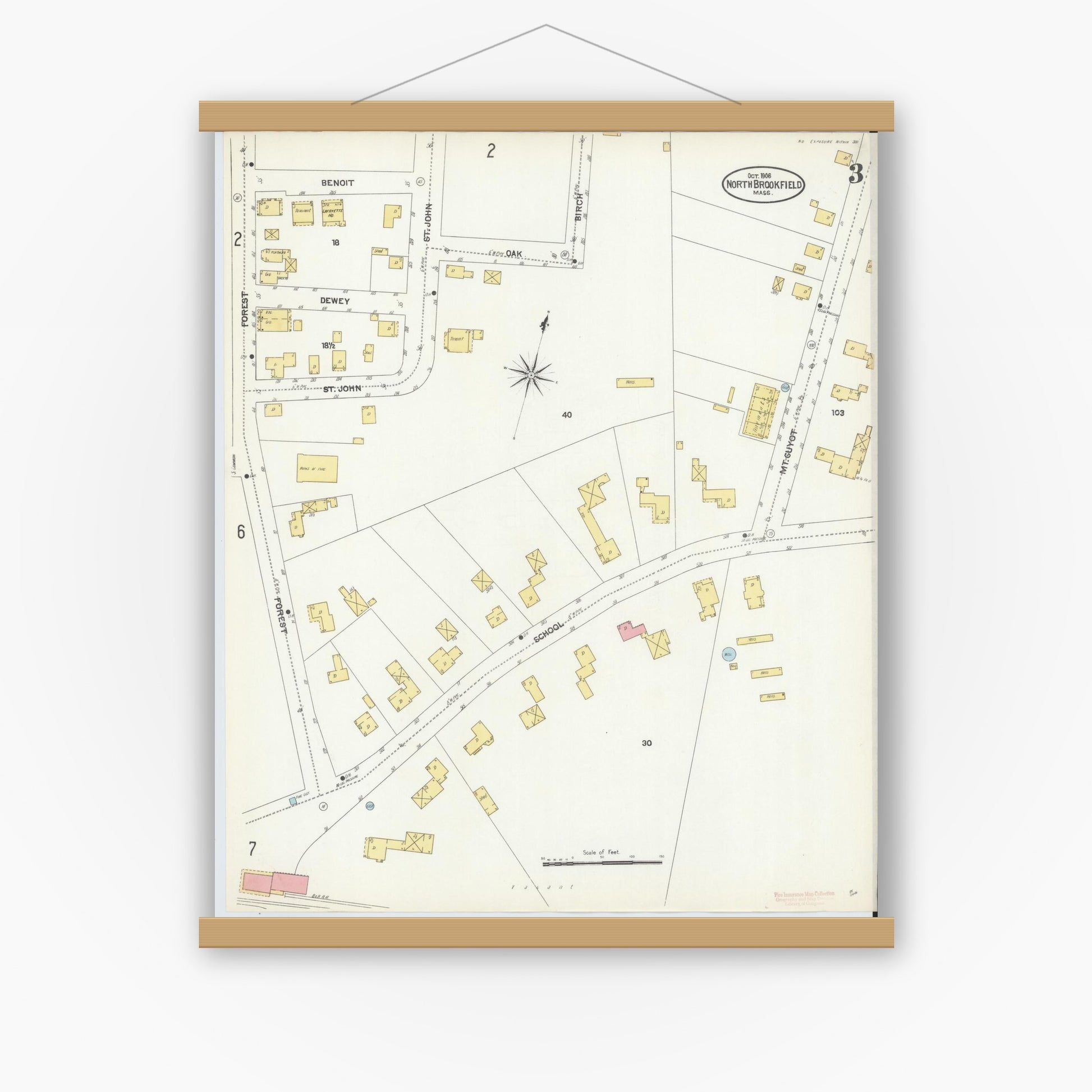 Old map wall art mockup — magnetic wood frame on white wall — Sanborn Fire Insurance Map from North Brookfield, Worcester County, Massachusetts (1906), Sheet #0003