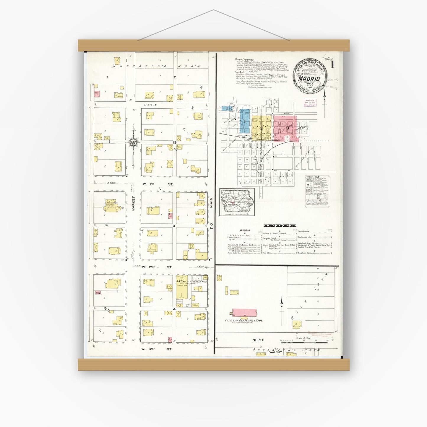 Old map wall art mockup — magnetic wood frame on white wall — Sanborn Fire Insurance Map from Madrid, Boone County, Iowa (1916), Sheet #0001