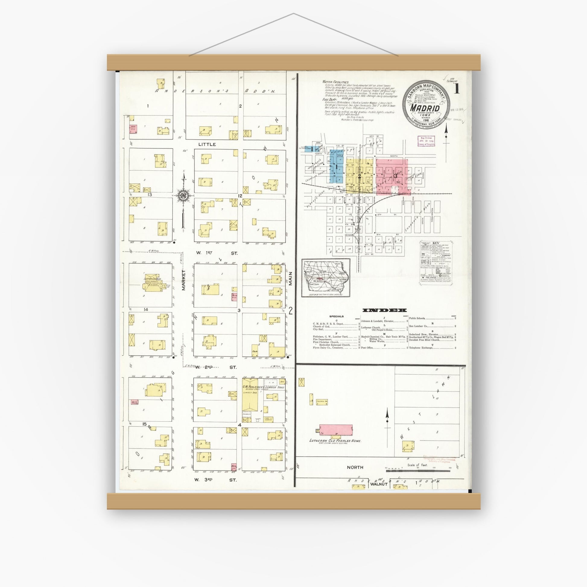 Old map wall art mockup — magnetic wood frame on white wall — Sanborn Fire Insurance Map from Madrid, Boone County, Iowa (1916), Sheet #0001