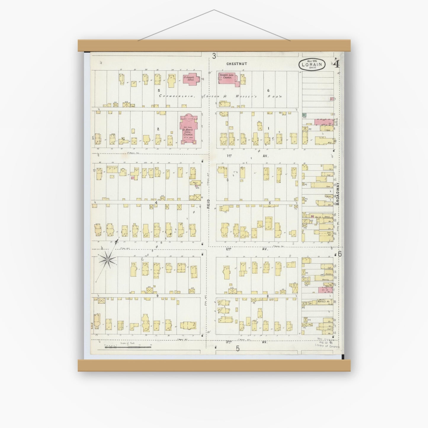 Old map wall art mockup — magnetic wood frame on white wall — Sanborn Fire Insurance Map from Lorain, Lorain County, Ohio (1896), Sheet #0004