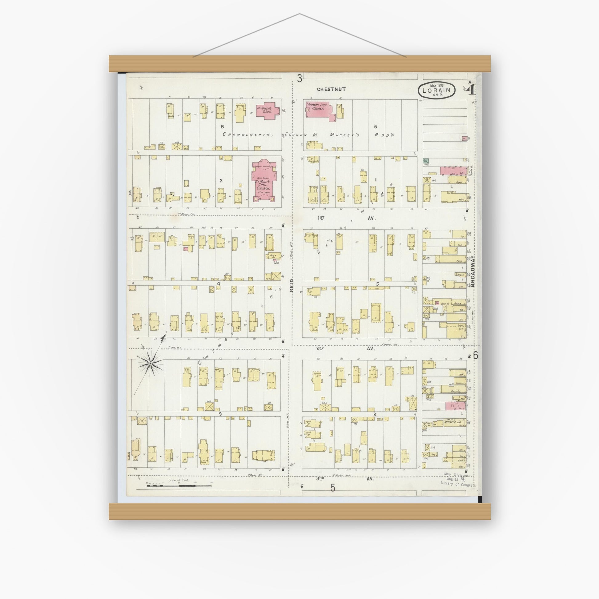Old map wall art mockup — magnetic wood frame on white wall — Sanborn Fire Insurance Map from Lorain, Lorain County, Ohio (1896), Sheet #0004