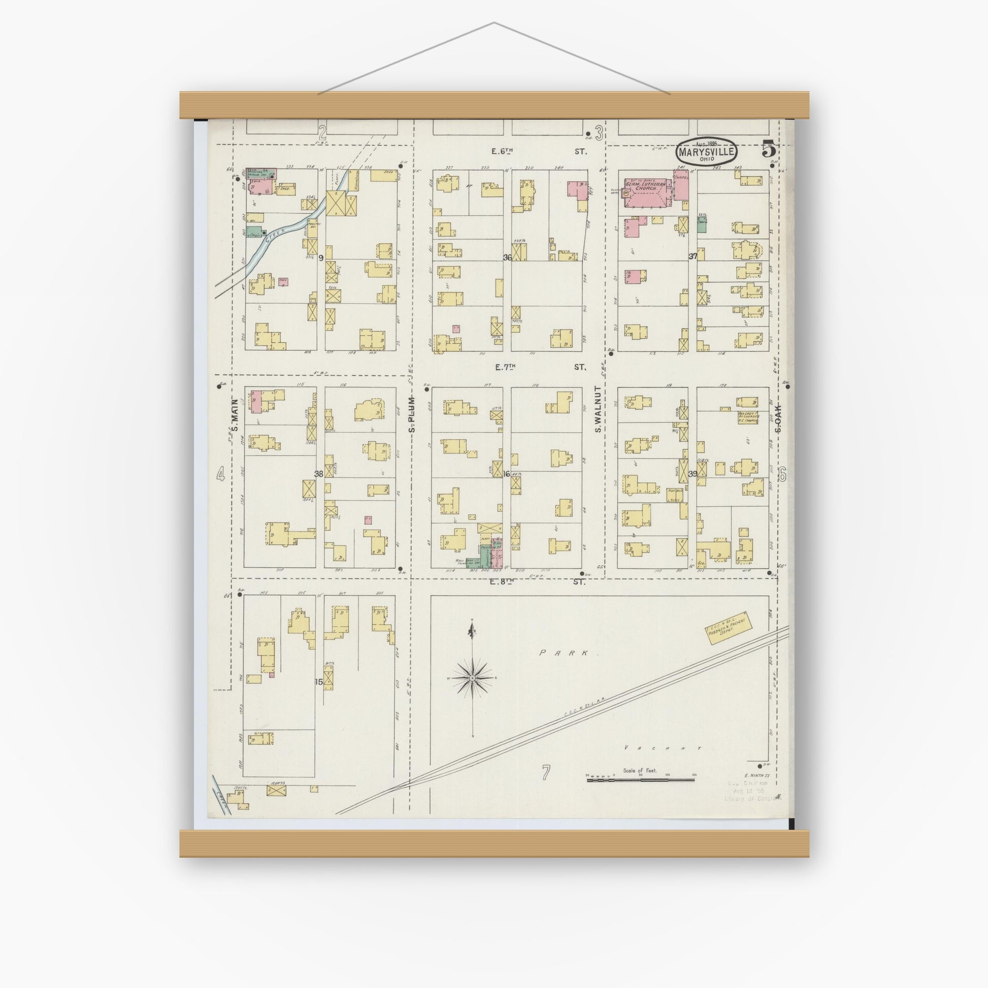 Old map wall art mockup — magnetic wood frame on white wall — Sanborn Fire Insurance Map from Marysville, Union County, Ohio (1895), Sheet #0005