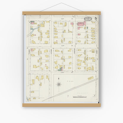 Old map wall art mockup — magnetic wood frame on white wall — Sanborn Fire Insurance Map from Marysville, Union County, Ohio (1895), Sheet #0005