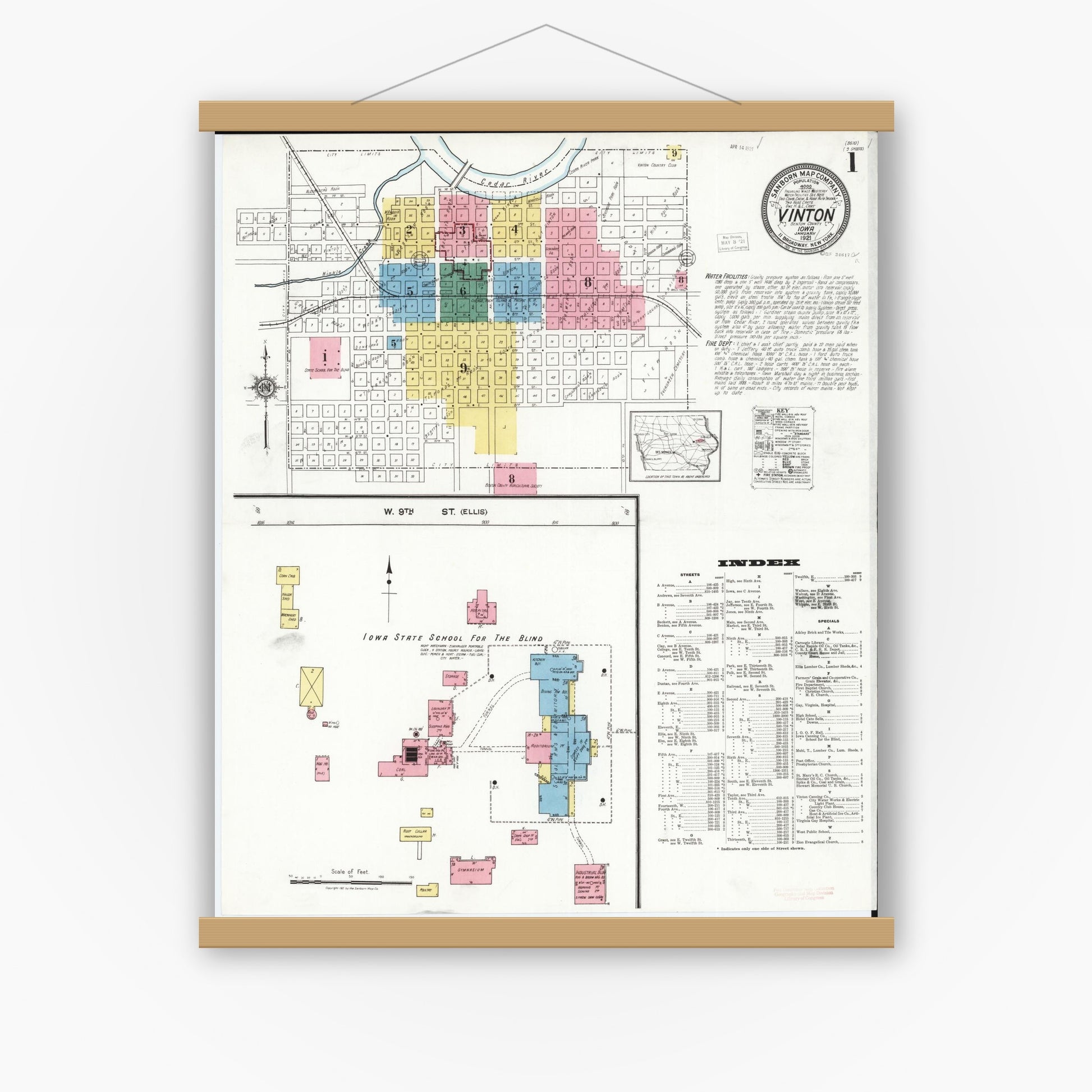 Old map wall art mockup — magnetic wood frame on white wall — Sanborn Fire Insurance Map from Vinton, Benton County, Iowa (1921) â€” Complete Set