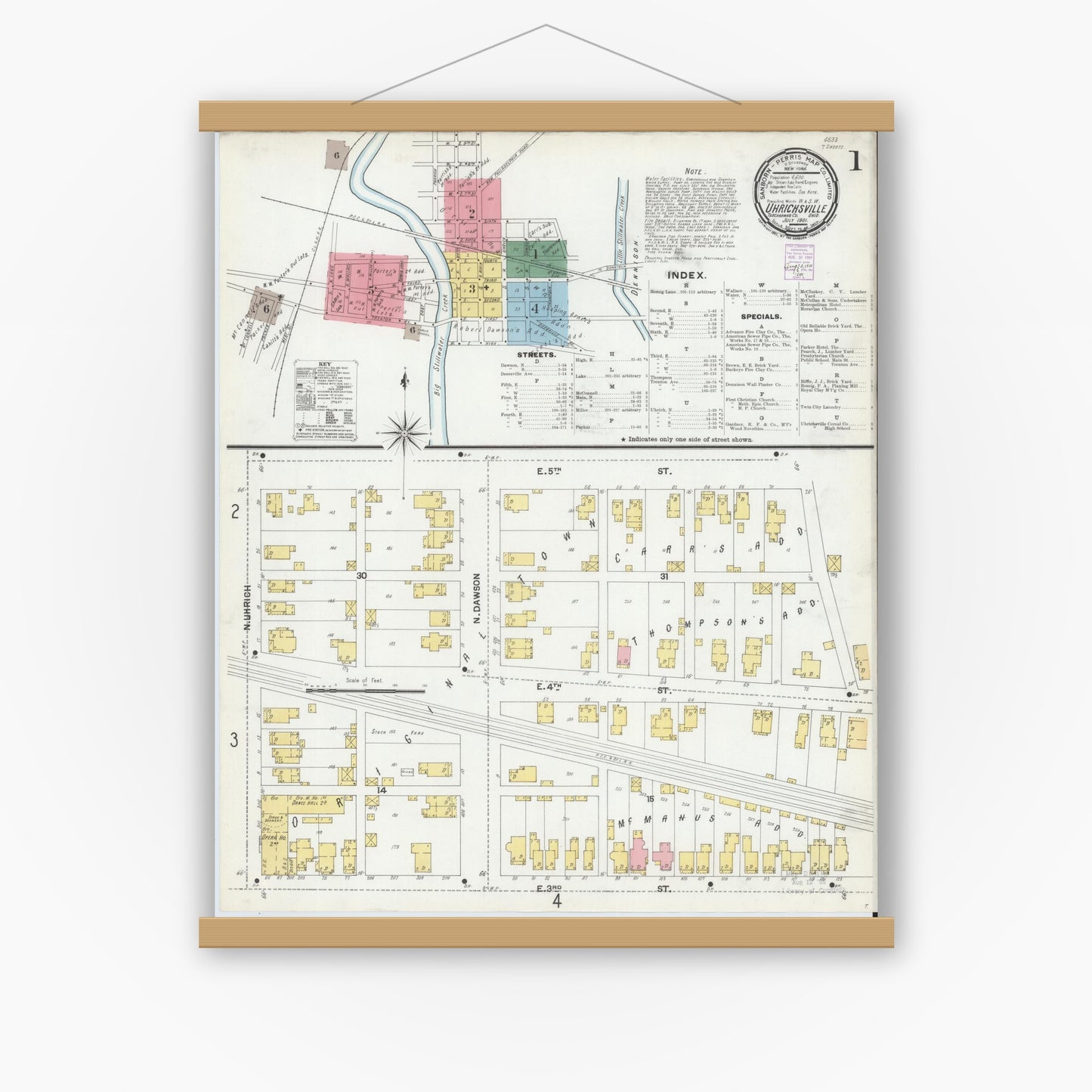 Old map wall art mockup — magnetic wood frame on white wall — Sanborn Fire Insurance Map from Uhrichsville, Tuscarawas County, Ohio (1901), Sheet #0001