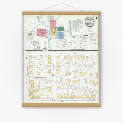 Old map wall art mockup — magnetic wood frame on white wall — Sanborn Fire Insurance Map from Uhrichsville, Tuscarawas County, Ohio (1901), Sheet #0001