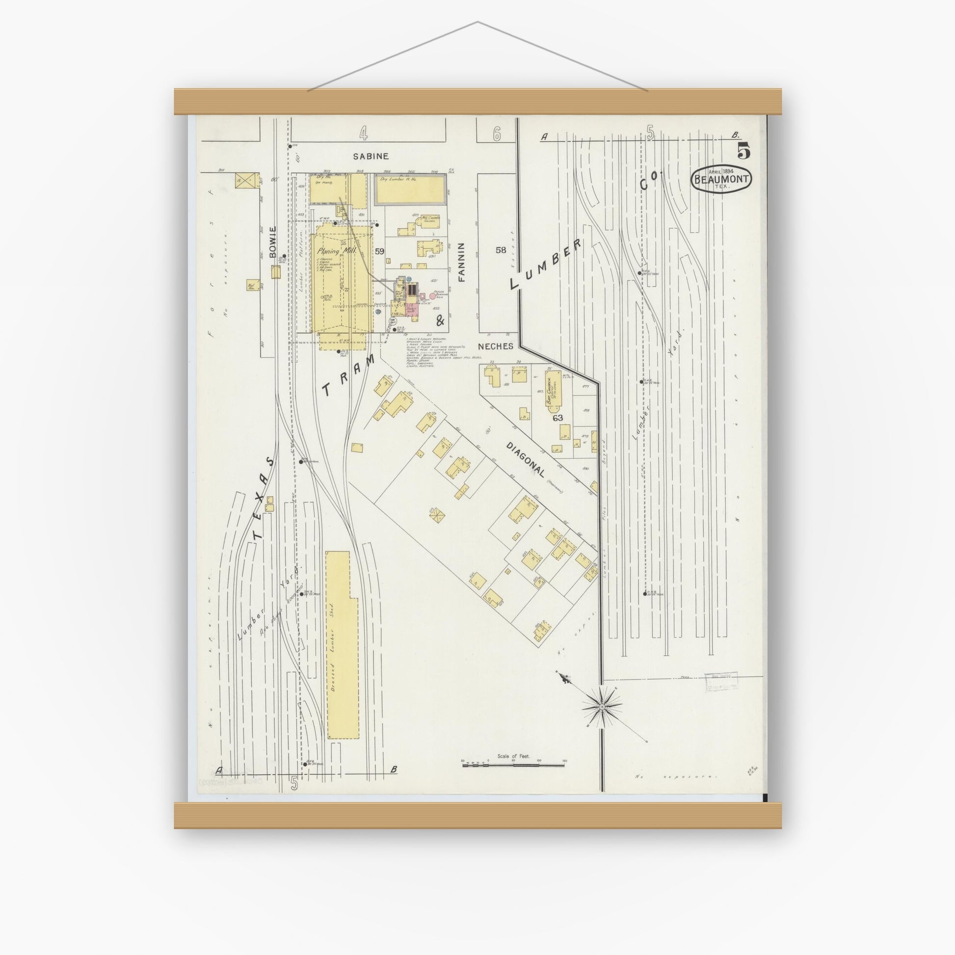 Old map wall art mockup — magnetic wood frame on white wall — Sanborn Fire Insurance Map from Beaumont, Jefferson County, Texas (1894), Sheet #0005